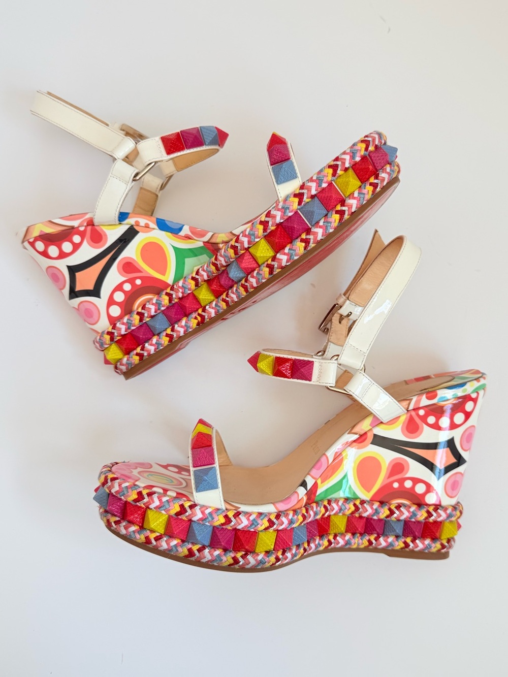 Christian Louboutin Pyraclou 110 Toile Bengale Multicolor Platform Wedge EU 38 - Picture 5 of 10